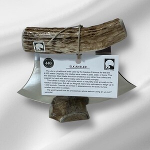 Feito à mão feito no Alasca cor natural galpão chifre de alce ulu faca história cartão bom tamanho cabo assinado alaska