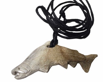 Handmade Made in Alaska Carved Moose Antler Humpy Salmon Fish Pendant W/ Leather String Large