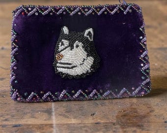 Vintage Handmade Stunning Beaded Velvet Artisan Coin Purse Beaded Husky Dog  - Royal Purple