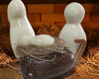 Tagua Nut Carved Nativity Set Joseph Mary and a Manger 2.75”