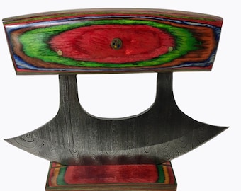 Traditional Style Handcrafted EXOTIC Multi Colored Damascus Blade Ulu Knife And Leather Sheath Matching Stand Base Hand Forged