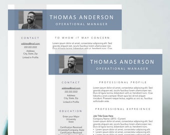 May include: A resume template with a blue and white color scheme. The template includes a contact section, education section, skills section, and professional experience section. The template also includes a professional profile section and a to whom it may concern section. The template is designed for a professional who is looking for a new job.