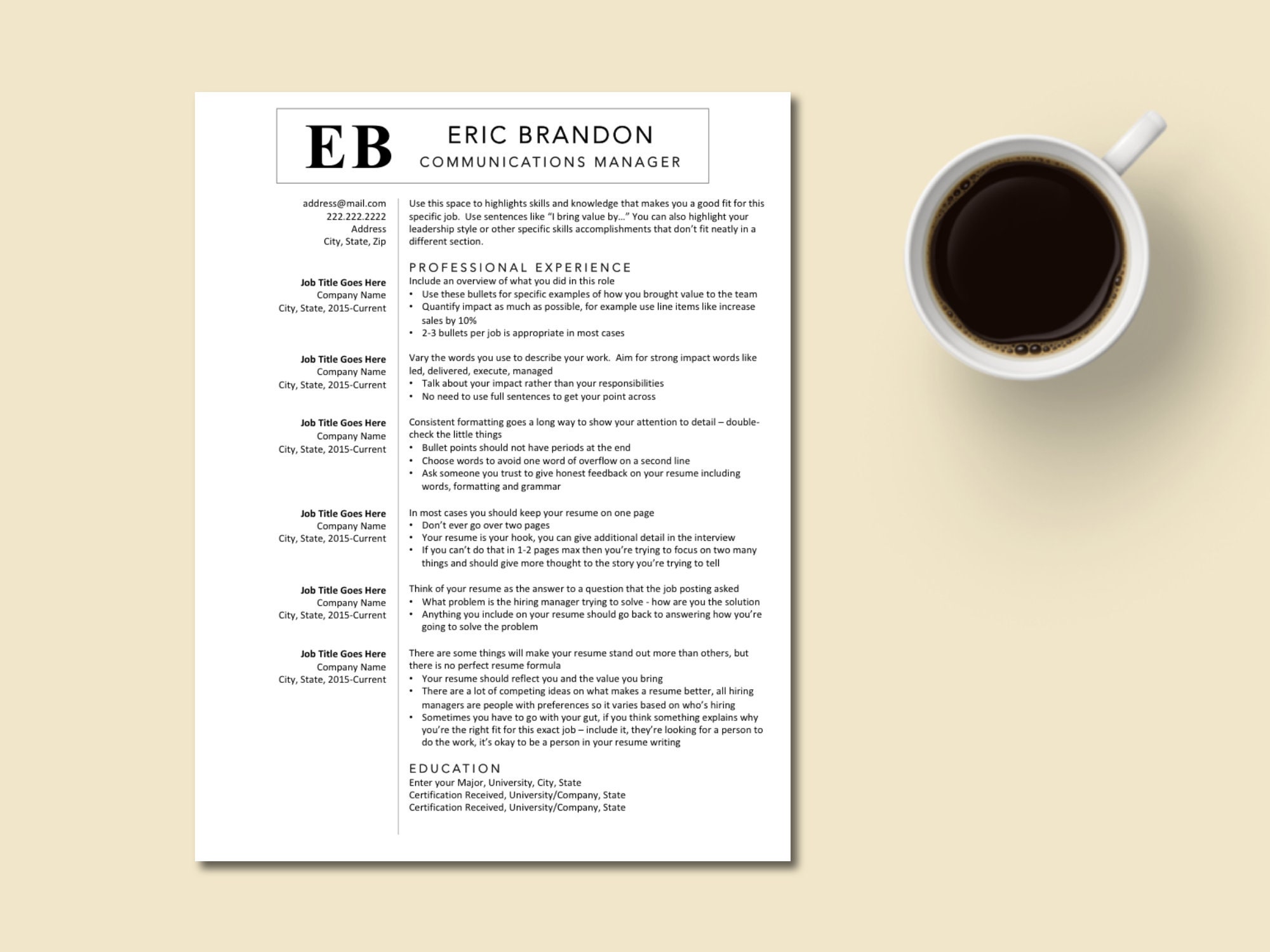 Executive Resume Template | Clean CV Design With Guide (digital ...