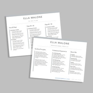 Op de afbeelding: Een 90-dagenplan voor een nieuwe rol, met secties voor de eerste 30 dagen, dag 30-60 en dag 60-90. Het plan omvat belangrijke initiatieven en leidende principes. Een professioneel profiel met secties voor werkervaring, over mij en contactgegevens.