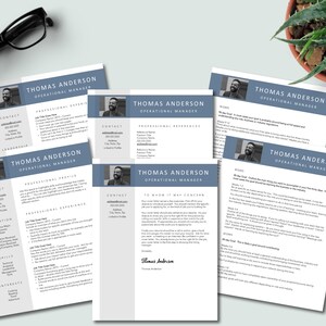 May include: A six-page resume for Thomas Anderson, an Operational Manager. The resume includes contact information, professional experience, education, skills, interests, and a cover letter.