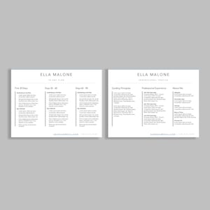 May include: A black and white resume template with the name Ella Malone at the top. The left side of the template is a 90-day plan with sections for the first 30 days, days 30-60, and days 60-90. The right side of the template is a professional profile with sections for guiding principles, professional experience, and about me.
