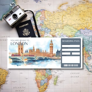 Printable London Ticket Template,London Surprise Gift Ticket,London Boarding Pass,Editable Plane Ticket, Trip Reveal Ticket