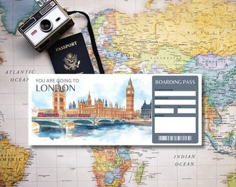 Printable London Ticket Template,London Surprise Gift Ticket,London Boarding Pass,Editable Plane Ticket, Trip Reveal Ticket