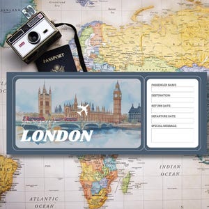 Printable London Ticket Template,London Surprise Gift Ticket,London Boarding Pass,Editable Plane Ticket, Trip Reveal Ticket