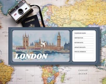 Printable London Ticket Template,London Surprise Gift Ticket,London Boarding Pass,Editable Plane Ticket, Trip Reveal Ticket
