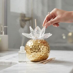 Handmade Italian Crystal Lotus Aromatherapy Diffuser: Gold Hammered Finish