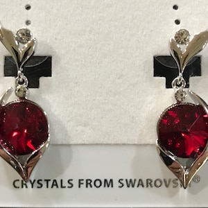 Birthstone Color Dangle Pierced Earrings with Swarovski Crystal Set MADE IN USA (Ruby Red)