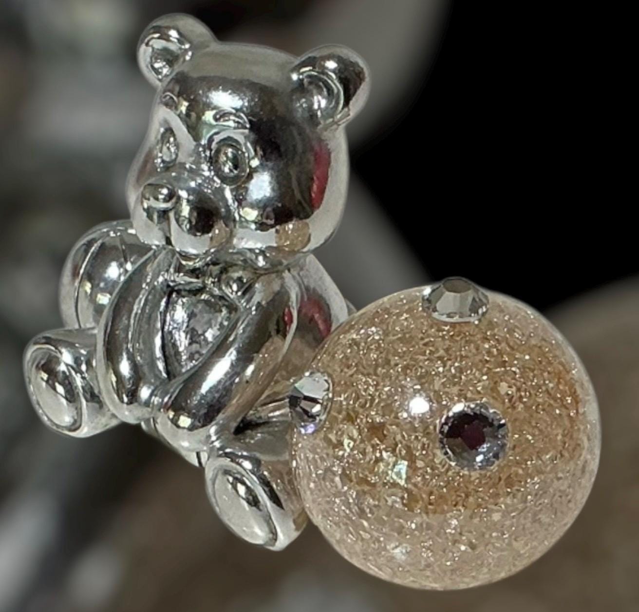 ムラーノ吹きガラスのクマの置物：スワロフスキークリスタル、銀メッキ
