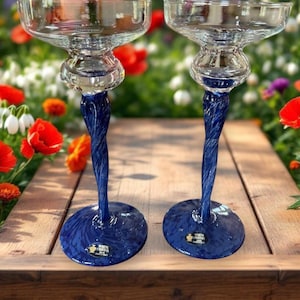 Vintage Murano Venetian Italian Glass candle stick pair Colalt blue Italy
