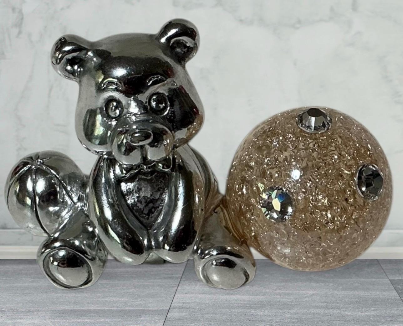 ムラーノ吹きガラスのクマの置物：スワロフスキークリスタル、銀メッキ