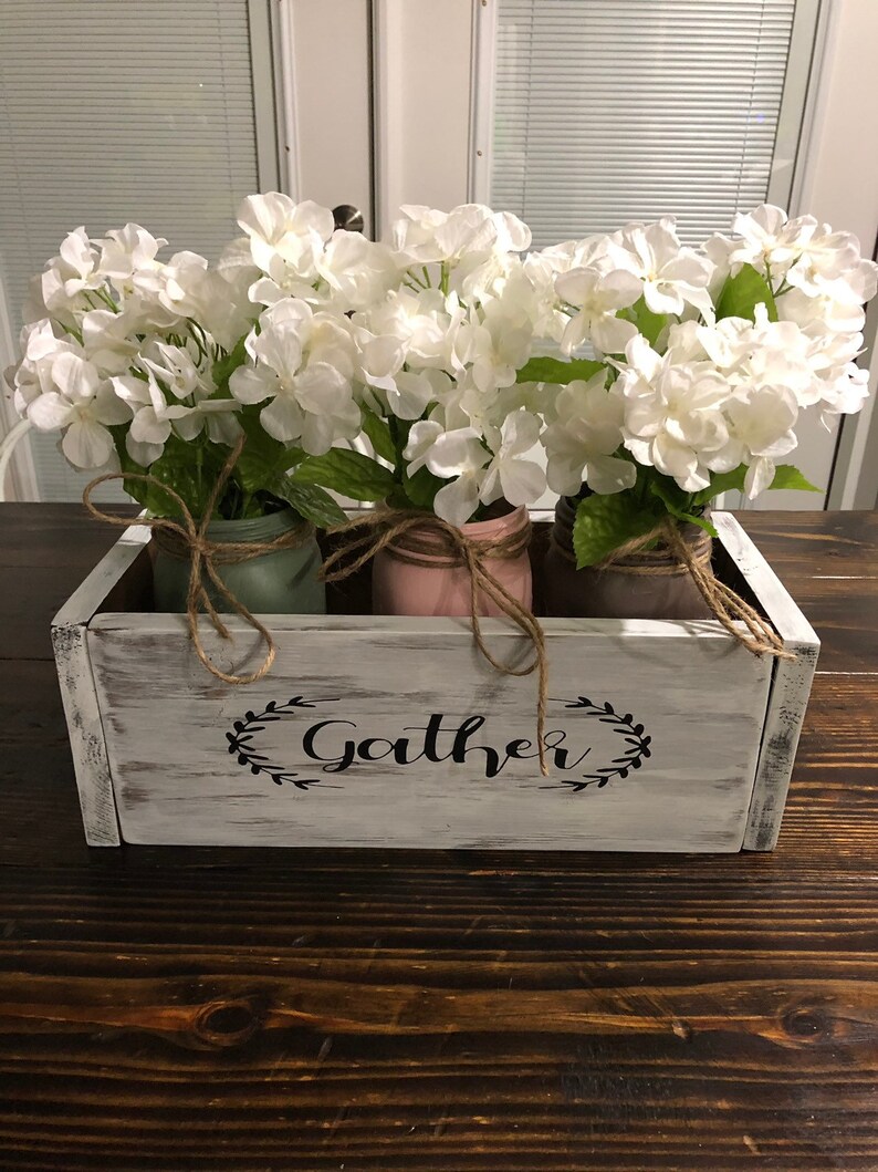 White Distressed table centerpiece mason jar decor farmhouse decor