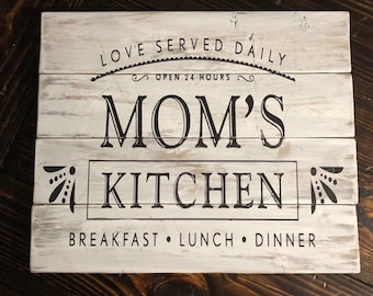 May include: White wooden sign with black text that reads "Love Served Daily Open 24 Hours Mom's Kitchen Breakfast Lunch Dinner".