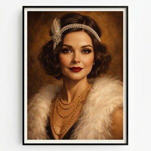 Op de afbeelding: Een portret van een persoon met kort bruin golvend haar, een met parels bezette hoofdband met een veeraccent, een parelketting met meerdere strengen en een witte imitatiebont stola. De persoon heeft donkere ogen en opvallende rode lippenstift.