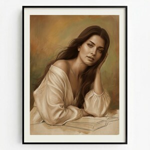 May include: A framed sepia-toned portrait of a person with long, flowing brown hair, resting their head on their hand. They are wearing a white, off-the-shoulder top and are seated near an open book. The background has a warm, earthy colour palette.