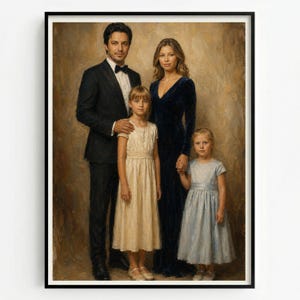 Può includere: Un ritratto a olio di una famiglia di quattro persone. Una persona in abito nero con papillon è accanto a una persona in un abito blu scuro a maniche lunghe. Due bambini sono davanti, uno con un vestito color crema e l'altro con un vestito azzurro.