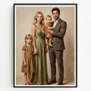 May include: A portrait painting of a family consisting of a person in a long olive green sleeveless dress, a person in a dark grey suit, a young child in a brown dress with braided hair, and an infant held in the arms of the person in the suit.
