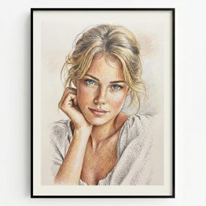 May include: A framed pencil portrait of a woman with blonde hair and blue eyes. The portrait shows a woman with freckles, resting her chin on her hand, and wearing a white top. The artwork is set against a neutral background.