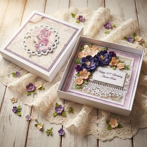 Boxed Luxury Birthday 3D Card, Shabby chic, Handmade, Personalised  - any greeting + your message inside