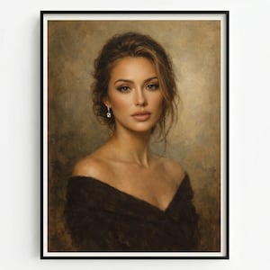 Può includere: Ritratto incorniciato di una donna con capelli castani e pelle chiara. Indossa un top nero con spalle scoperte e orecchini di diamanti. Lo sfondo è una miscela di toni marroni e beige, creando un'estetica classica ed elegante.