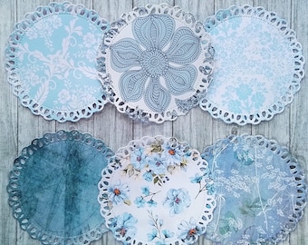 Blue Floral Paper Lace Doilies - 5" Craft Embellishments, Set of 6