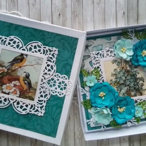Luxe 3D-verjaardagskaart in doos, shabby chic, handgemaakt, gepersonaliseerd: elke groet + jouw bericht erin