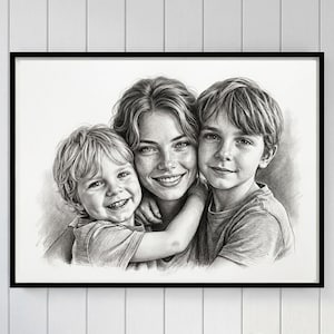 May include: A black and white pencil sketch portrait of a person with long hair embracing two children. The artwork is presented in a thin black frame, capturing the detailed facial expressions and textures of the subjects in a realistic style.