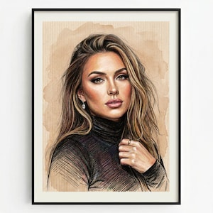 May include: A framed pencil and watercolour portrait of a woman with long, wavy blonde hair and a black turtleneck. The artwork has a neutral colour palette. The woman is wearing a diamond earring and a gold ring. The frame is black.