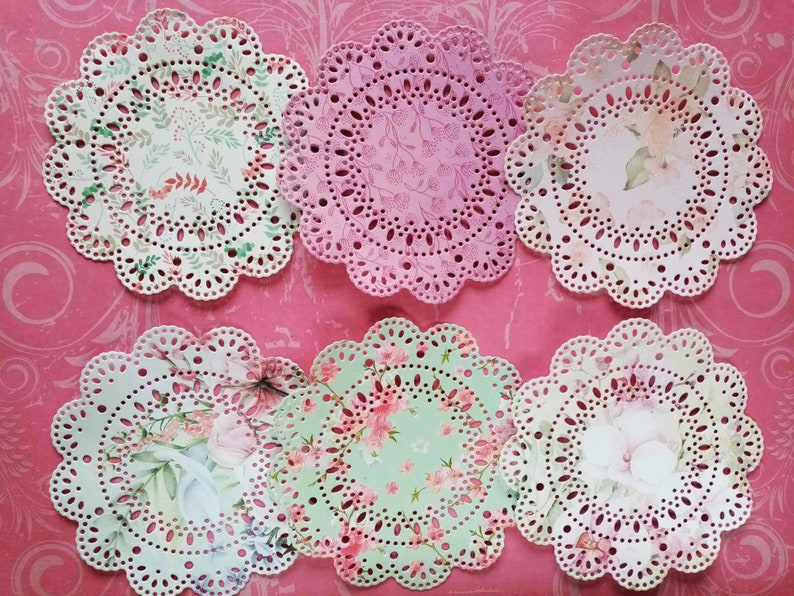 4 Pink Floral Paper Lace Doily Pack of 6 Card Making, Crafts, Scrapbooking, tea party decoration image 1