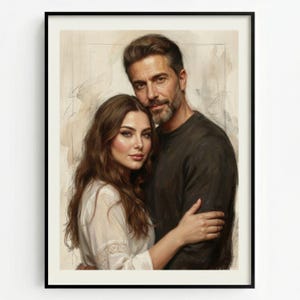 May include: A framed portrait of a couple in a painterly style. The man, with a beard, wears a dark shirt, and the woman, in a white blouse, embraces him. The artwork has a neutral colour palette with soft, warm tones.