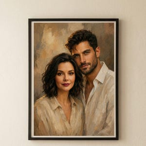 May include: A framed oil painting print featuring a portrait of two people with dark hair, both wearing light beige collared shirts. The artwork uses visible brushstrokes and a neutral, earthy colour palette with a soft, blended background.