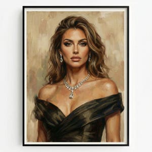Può includere: Un ritratto a olio di una persona con lunghi capelli castani ondulati, che indossa un abito nero con spalle scoperte e una collana d'argento con un ciondolo centrale a goccia. La persona indossa anche orecchini pendenti d'argento.