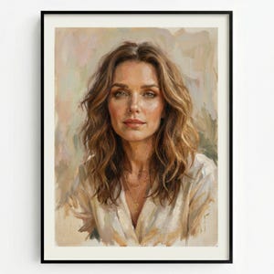 May include: A framed portrait of a woman with long, wavy brown hair and green eyes. She wears a white blouse and a delicate gold necklace. The painting has a soft, painterly style with warm, neutral tones.
