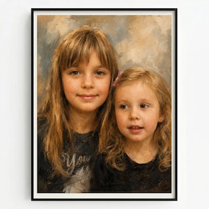 May include: A framed oil-style portrait painting of two children with light brown hair. The older child has straight hair with bangs, while the younger child has wavy hair with a small pink clip. Both wear dark shirts against a textured background.