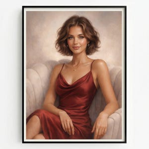 May include: A framed portrait of a woman in a crimson satin dress. The woman has short, wavy brown hair and is wearing a delicate gold necklace and earrings. She is seated in a white armchair against a soft, neutral background.
