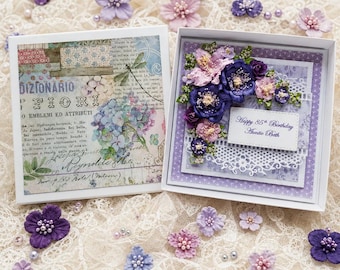 Biglietto di auguri di compleanno 3D di lusso in scatola, shabby chic, fatto a mano, personalizzato - qualsiasi augurio + il tuo messaggio all'interno