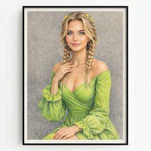 May include: A framed pencil drawing of a woman with blonde braids and a green off-the-shoulder dress. The artwork features a portrait of a woman with a floral headband and gold hoop earrings. The background is a solid grey.