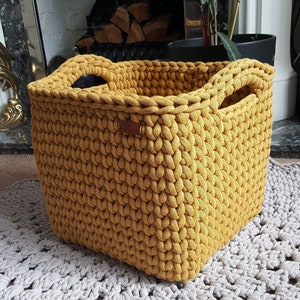 Large Standing Crochet Basket /Handmade Storage Basket With Handles /Square Basket /Cotton Basket /Chunky Crochet Basket.
