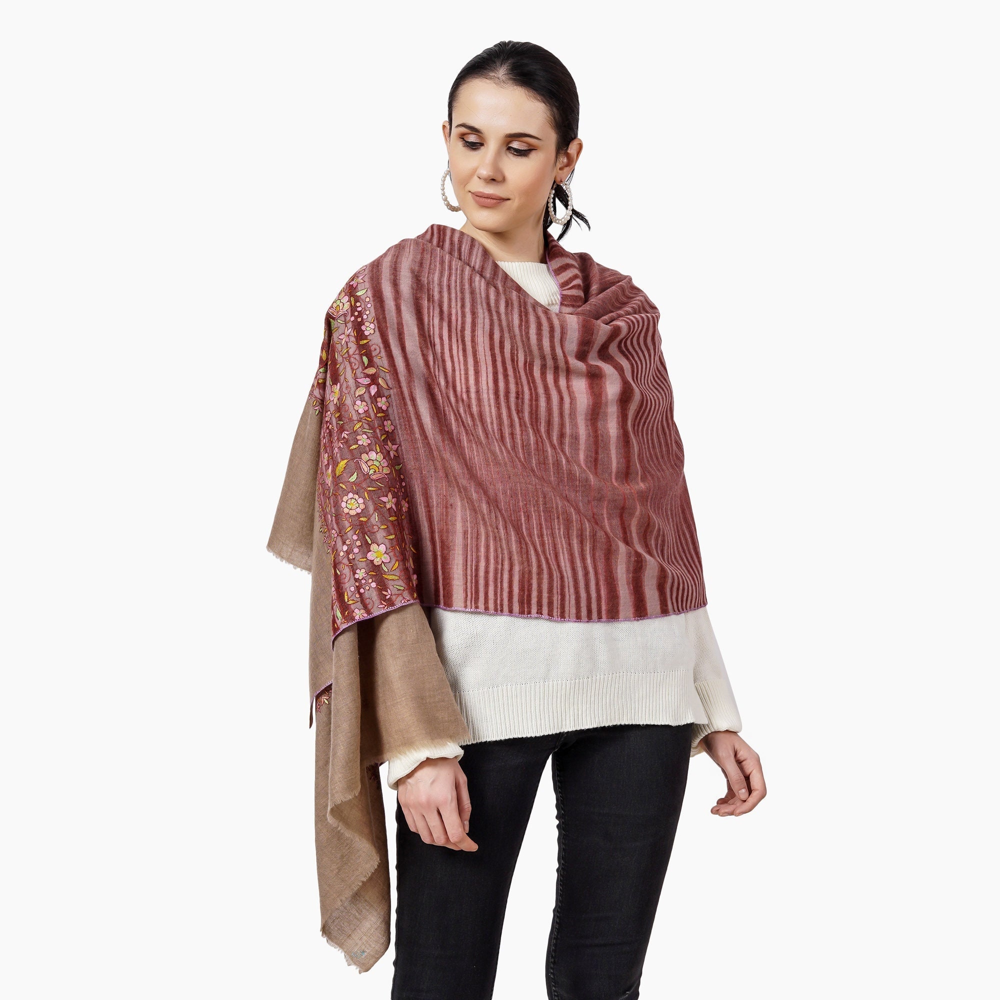 ArtOfKraft 100% Cashmere Pashmina Scarf Stripe Designs with Hand Needele Work Design by Master Kashmiri Craftsmen, Pure Pashmina Cashmere Scarf