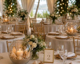 May include: A round dining table set for a formal event with a white tablecloth, featuring a glass bowl centerpiece filled with sand, seashells, and a lit pillar candle, accompanied by a white floral arrangement and a gold-framed table number two card.