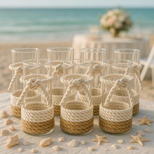 May include: Clear glass vases with a nautical theme. Each vase is adorned with a thick, beige rope design around the base and a rope handle tied in a knot. The vases are arranged on a white surface with seashells and starfish.
