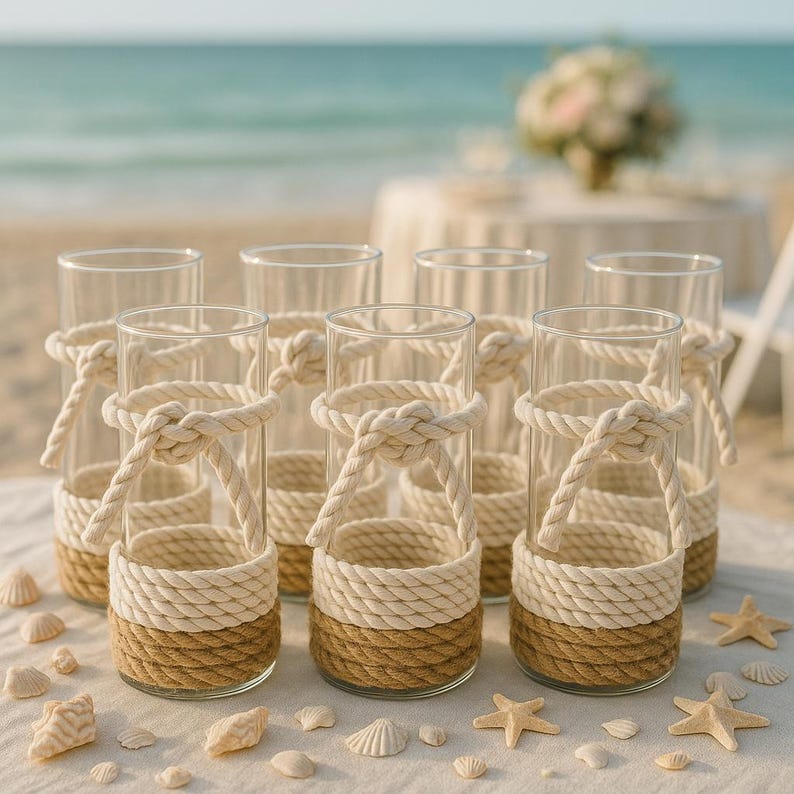 May include: Clear glass vases with a nautical theme. Each vase is adorned with a thick, beige rope design around the base and a rope handle tied in a knot. The vases are arranged on a white surface with seashells and starfish.