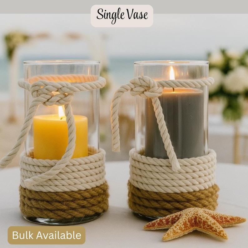 May include: Two glass candle holders with rope detailing. One holds a yellow candle, the other a gray candle. A starfish rests in front of the candle holders. The text "Single Vase" and "Bulk Available" are visible.