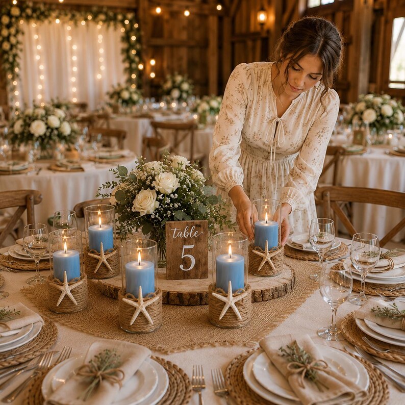 May include: A centerpiece featuring four clear glass cylinder candle holders wrapped in jute rope, each adorned with a white starfish and a light blue pillar candle. A wooden sign with the text Table 5 sits among white roses and greenery.