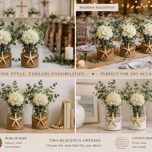 May include: Clear glass cylinder vases wrapped in either natural brown burlap rope or white cotton rope, each featuring a beige starfish accent. The vases are filled with white hydrangea flowers and green eucalyptus leaves, displayed in various settings.