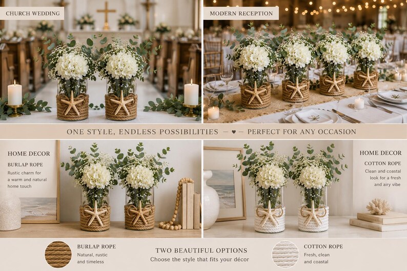 May include: Clear glass cylinder vases wrapped in either natural brown burlap rope or white cotton rope, each featuring a beige starfish accent. The vases are filled with white hydrangea flowers and green eucalyptus leaves, displayed in various settings.